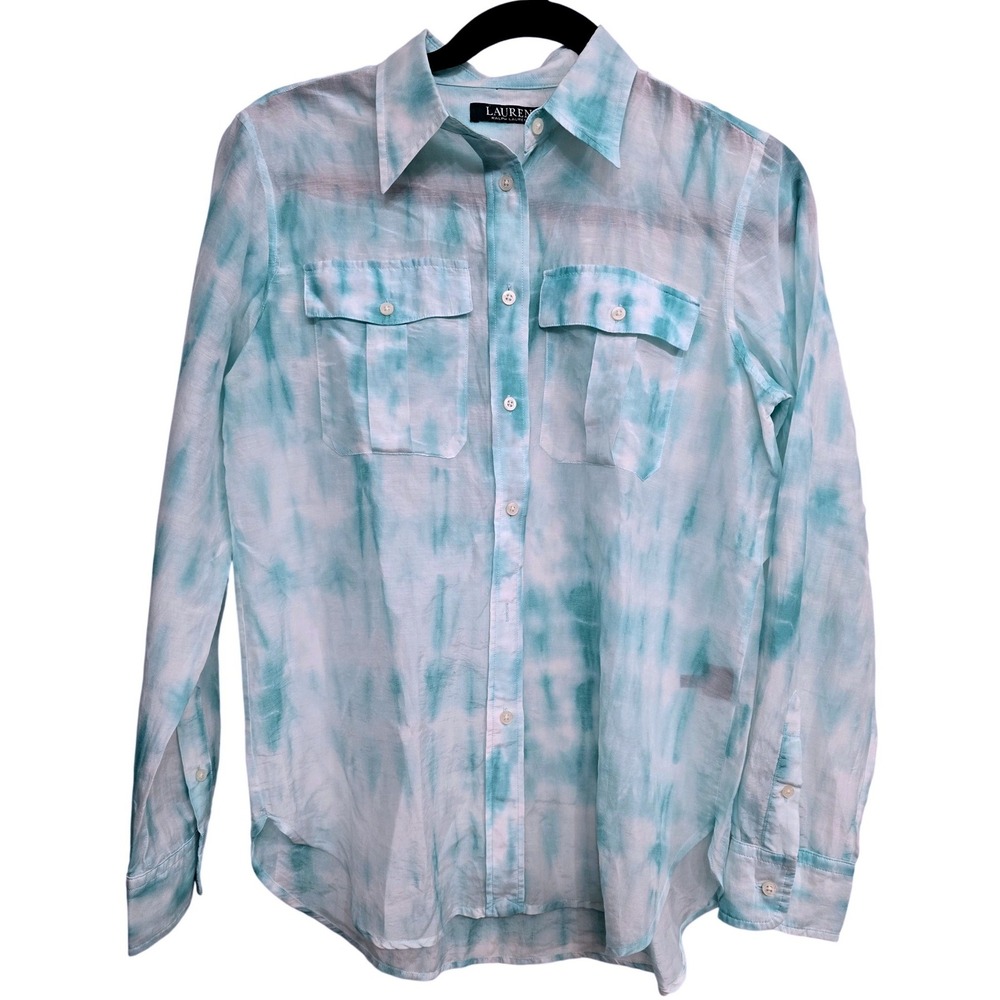 Lauren‎ Ralph Lauren Tie Dye Aqua Button Down Cotton Silk S Coastal Chic Preppy